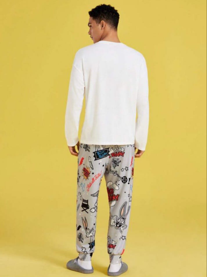 Uptown Funky Men's Casual Loose Knit Cartoon rabbit Print Long Sleeve T-Shirt & Funny Grey Pant Sleepwear Set